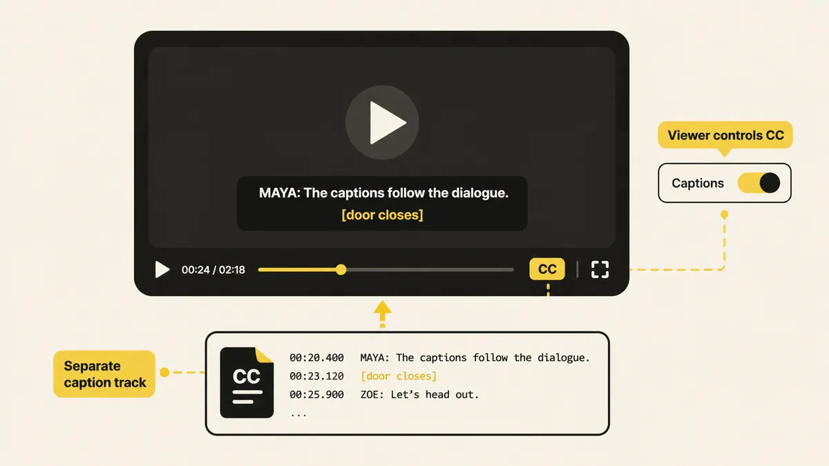Closed captions shown as a separate synchronized text track that viewers control with a CC button