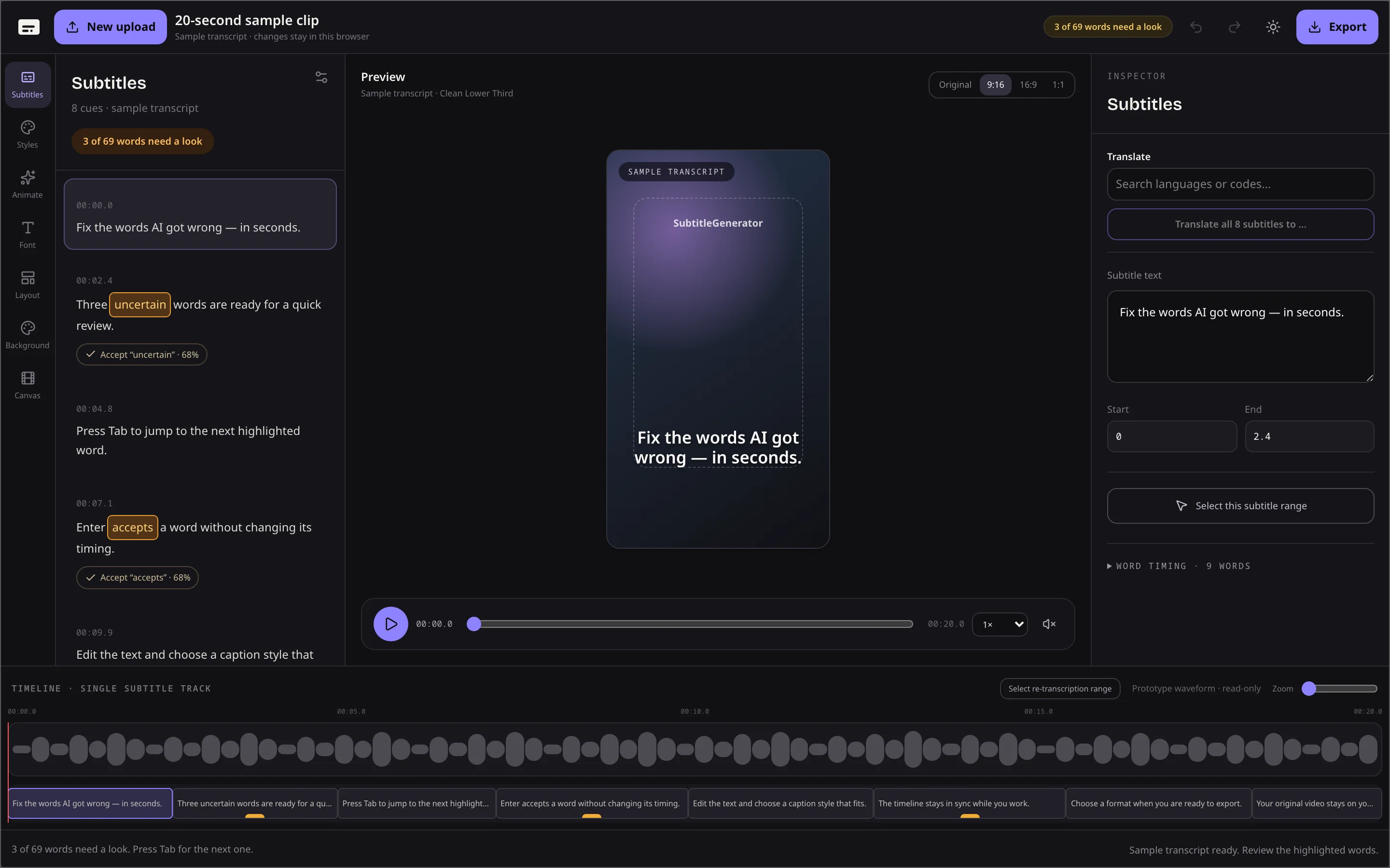 Auto subtitles in the SubtitleGenerator editor with a flagged word, corrected timing and video or subtitle-file export options