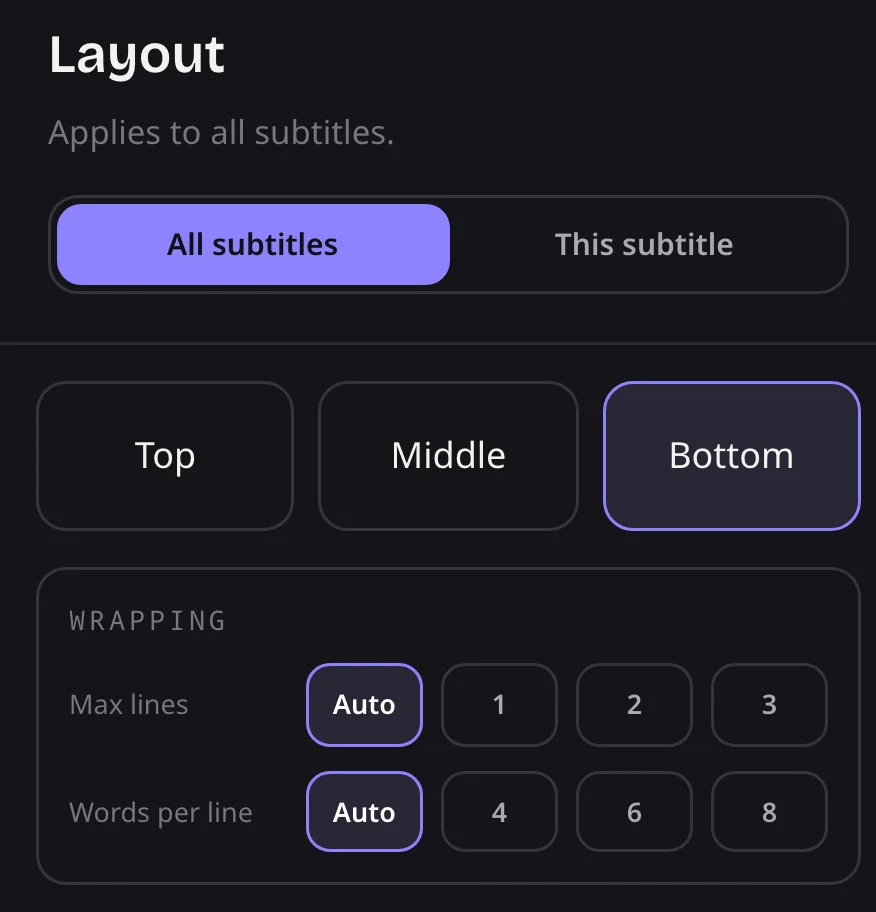 SubtitleGenerator editor Wrapping panel with Max lines set to Auto, 1, 2 or 3