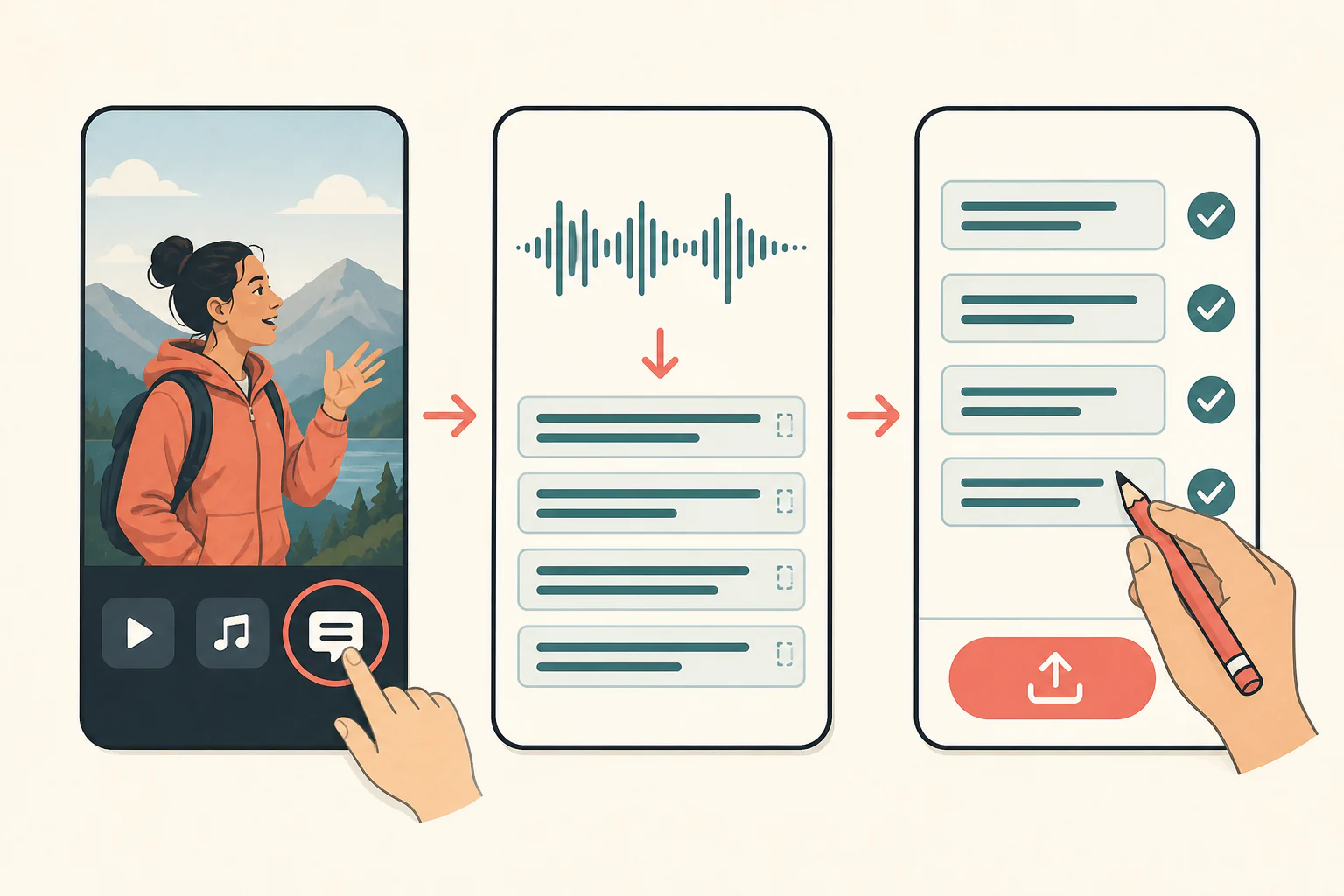 Illustrated three-stage workflow showing a video, waveform-generated caption lines, and a final caption review