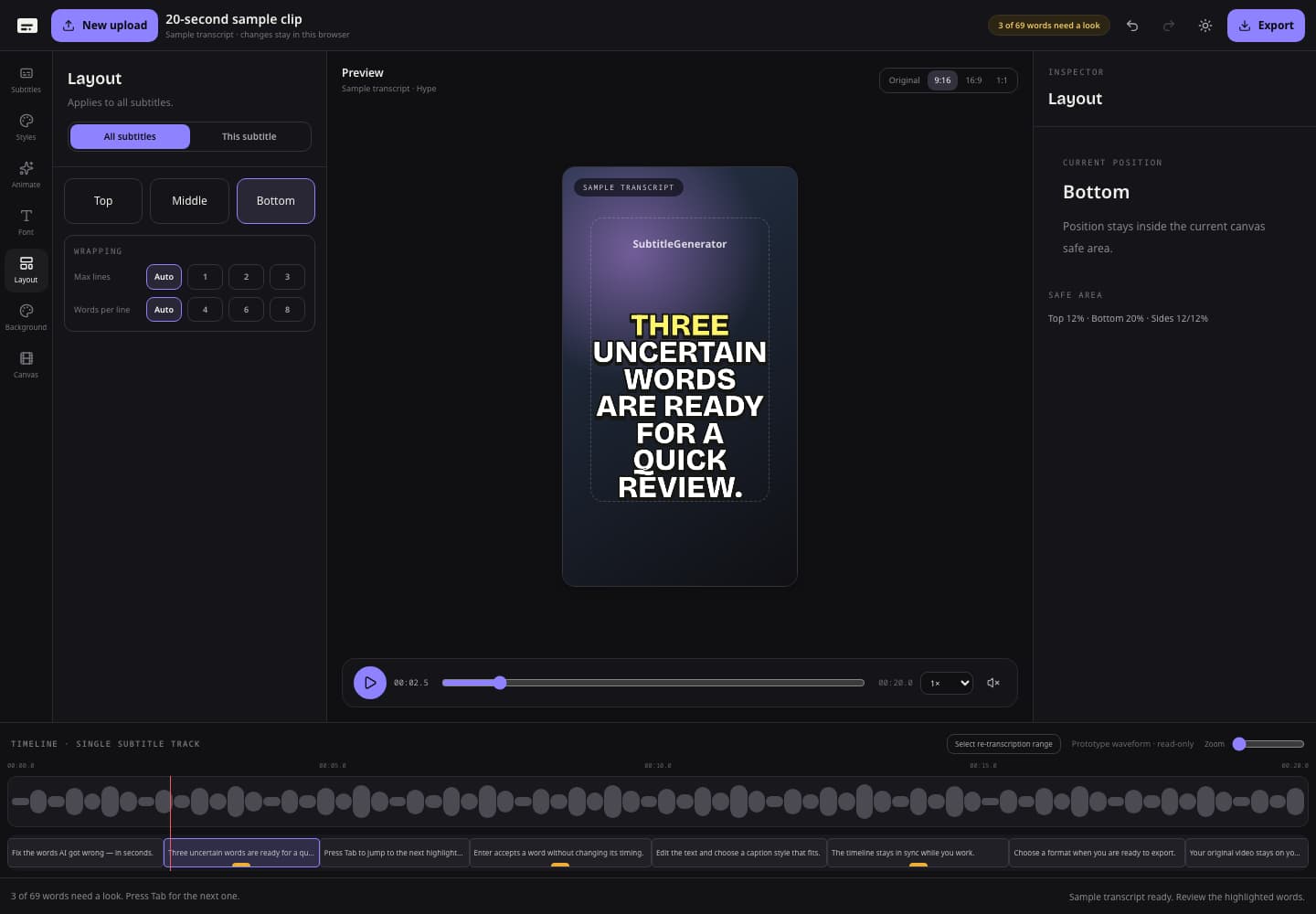 SubtitleGenerator editor showing a 9:16 Hype caption preview, dashed safe-area guide, and Layout inspector