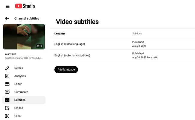 YouTube Studio Subtitles page with a video selected and the ADD LANGUAGE control visible