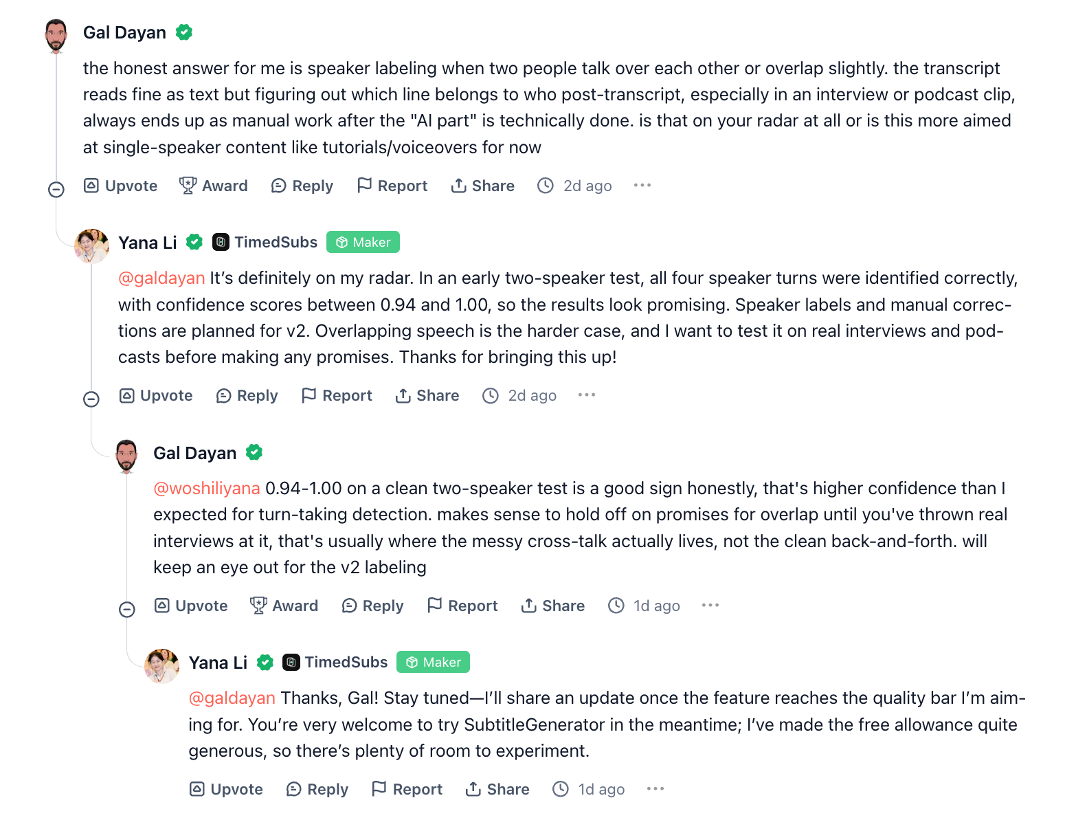 Product Hunt discussion about speaker labeling for interview and podcast subtitles after the SubtitleGenerator launch