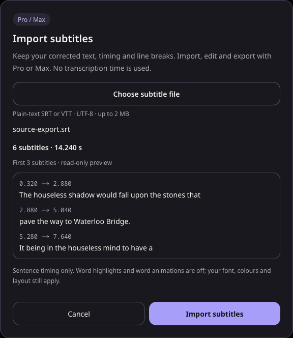 Import preview showing the first three lines of the SRT file